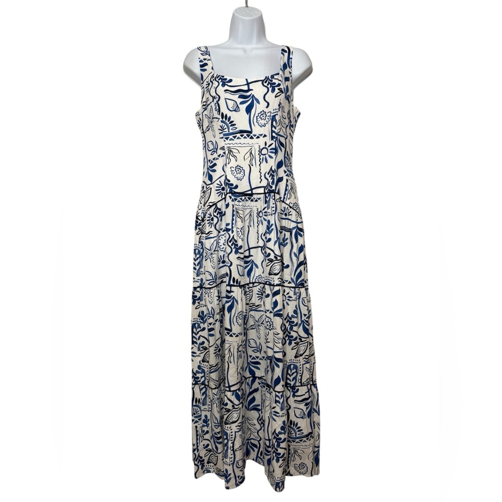 CeCe Linen Blend Tiered Dress Coastal Print Seashells Sun Starfish NWT Small - Picture 2 of 10